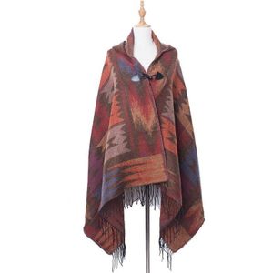 Etnische Multifunctionele Bohemian Shawl Sjaal Tribal Fringe Hoodies Gestreepte Vesten Dekens Cape Shawl Kwasten Poncho Jas