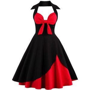 Tonval Rood en Zwart Sexy Knoop V-hals Halter Party Vintage Jurk Vrouwen Pin Up Fit en Flare Gelaagde Elegante Midi jurken