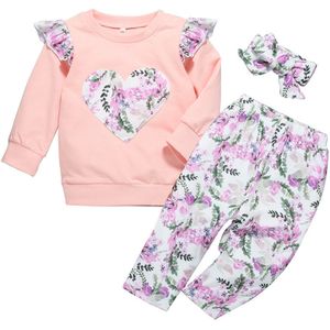 Baby Romper Baby Meisjes Kleding Winter Lange Mouw Ruches Liefde Print Tops Bloemen Broek Outfits Set Komplety Niemowleceinfant