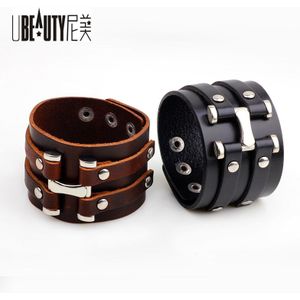 Retro Manchet Lederen Wrap Brede Armbanden Polsbandje Cool Men Punk Rock Armband & Armband Zwart/Bruin Sieraden pulseira feminina