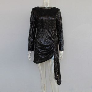 Vgh Patchwork Sequin Asymmetrische Jurk Voor Vrouwen O Hals Lange Mouw Hoge Taille Onregelmatige Zoom Streetwear Jurken Vrouwelijke