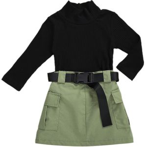 Kinderen Baby Meisjes Mode 3Pcs Outfit Set Lange Mouw Half Coltrui Top Geribbeld Solid Shirt + Werk Rok + riem Set