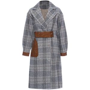 [Eam] Losse Fit Grijs Plaid Split Joint Temperament Wollen Jas Parka Lange Mouw Vrouwen Mode Lente Herfst 1R285