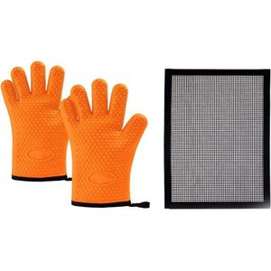 Hittebestendige Bbq Siliconen Ovenwanten Handschoenen (Oranje) Met Outdoor Camping Barbecue Gereedschap Non-stick Barbecue Mat