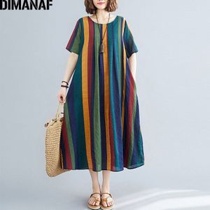 Dimanaf Plus Size Zomer Jurk Vrouwen Kleding Vintage Zonnejurk Gestreepte Print Lady Vestidos Katoen Losse Maxi Jurk Xl 2X