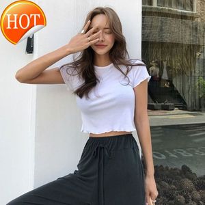 Korea Korte Mouw Houten Oor Rand Korte Open Navel Draad Slim Fit Korte Mouw Wit Elastische Bodem T-shirt Voor vrouwen