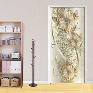 3D Deur Sticker Gouden Reliëf Bloemen Muur Muurschilderingen Behang Poster Deur Sticker PVC Zelfklevende Verwijderbare Thuis Deur Decal