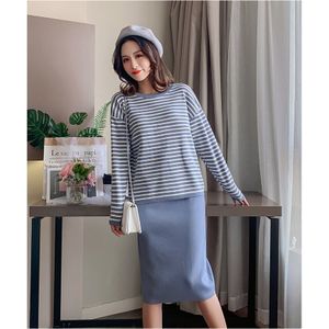 Moederschap Herfst Mode Borstvoeding Kleding Set Gestreepte Katoen Borstvoeding t-shirt + Trekkoord Taille Rok Twinset Verpleging Pakken