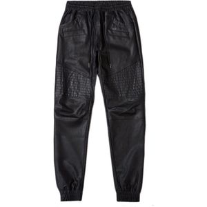 Mannen Kunstleer Biker Broek Koord Elastische Taille Zwart Jogger Broek Mens Slanke Motorfiets PU Broek