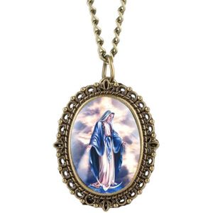 Retro Katholieke Heilige Maagd Maria Quartz Zakhorloge Brons Souvenir Hanger Ketting Klok voor Mannen Vrouwen