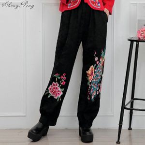 Vrouwen herfst lente etnische zwarte bloemen borduren harembroek capri broek broek Traditionele Chinese kleding V1356