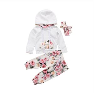 2 stuks Baby Meisjes Lange Mouw Bloemen Hoodie Tops en Broek Trainingspak Outfit met Kangoeroezak Hoofdband