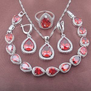 Rode Granaat Water Zilveren Kleur Sieraden Set Voor Vrouwen Armband Ketting Hanger Oorbellen Ring YZ0568