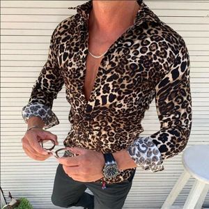 Stijl Mode Luipaard Print Party Club Bruiloft Kleding Mannen Lange Mouwen Casual Panther Blouse Man Tops