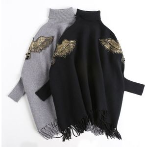 Herfst Winter Runway Zwart Grijs Geborduurde Kraal Poncho En Capes Truien Gebreide Wollen Trui Vrouwen Kerst Jas 2122