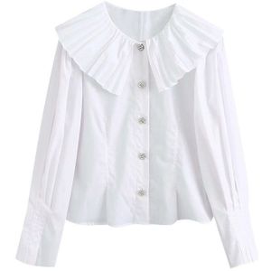 KPYTOMOA Women Sweet With Ruffled Collar White Blouses Vintage Long Sleeve Button-up Female Shirts Chic Tops