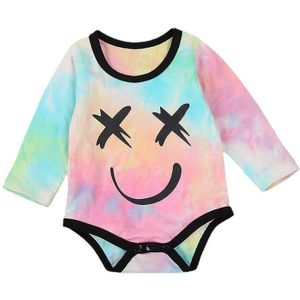 Pasgeboren Baby Lachend Gezicht Patroon Tie-Dye Romper Mode Lange Mouw Romper Voor Baby Jongens Meisjes