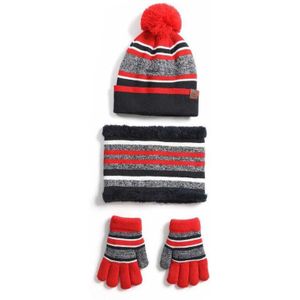Kinderen Winter Gebreide 3Pcs Pompom Gestreepte Beanie Hat Pluche Gevoerd Sjaal Handschoenen Set LX9E