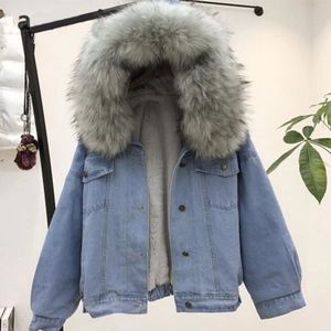 Vrouwen Jas Winter Dikke Jean Jas Roze Bontkraag Fleece Hooded Denim Jas Vrouwelijke Lam Bont Gevoerde Warme Denim jas