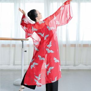 Moderne Dansen Kostuum Vrouw Chinese Stijl Nationale Crane Print Chiffon Vest Elegante Ballroom Ballet Klassieke Dans Slijtage