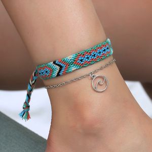 2Pcs Bohemian Wave Enkelband Katoenen Geweven Etnische Armband Enkelband Beach Voet Sieraden XX9C