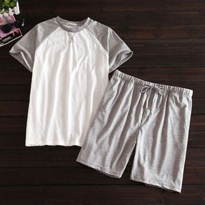 Mannen Nachtkleding 100% Katoenen Shirt Shorts 2 Stuk/set Casual Pyjama Set Big Size Man Homewear Top Effen Kleur korte Mouwen P