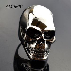Amumiu Roestvrij Stalen Ringen Voor Mannen Trendy Glad Polijsten Grote Tripple Skull Ring Punk Biker Sieraden HR047