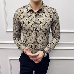 Britse Stijl Mannen Shirt Brief Print Casual Slim Fit Lange Mouw Blouse Homme Streetwear Sociale Formele Smoking Shirts