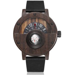 Creatieve Kompas Draaitafel Nummer Stijl Mens Houten Horloge Mannen Bruin Hout Lederen Band Vintage Natuurlijke Hout Horloges Relogio