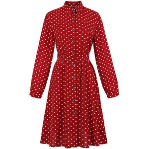 Tonval Enkele Breasted Casual Turn-Down Kraag Rood Shirt Jurk Vrouwen Stip Belted Kantoor Dame Lange Mouw Herfst jurken