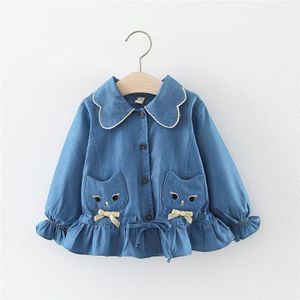 Lente/Herfst Meisje Denim Jas Zoete Kat Pocket Kinderen Lange Mouw Top 0-3 Jaar Baby herfst Dubbele Pocket Jas