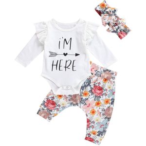 0-24M Pasgeboren Baby Meisjes Bloemen Outfits Set Herfst Lente Toevallige Romper Jumpsuit + Bloemen Broek Pak