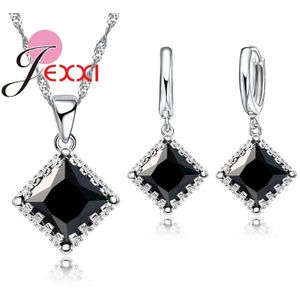 Top 925 Sterling Zilveren Sieraden Set Klassieke Vierkante Clear Zirconia Ketting Oorbellen Set Voor Vrouwen Bruiloft