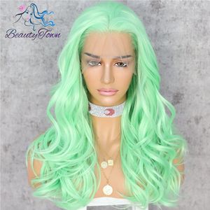 BeautyTown Licht Groene Golf Hittebestendig Drag Queen Blogger Make Vrouwen Aanwezig Bruiloft Partij Synthetische Lace Front Pruik
