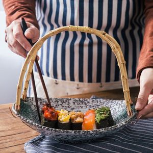 Japanse Stijl Retro Keramische Fruit Lade Met Bamboe Handvat Thuis Westerse Gerecht Sushi Diner Plaat Servies