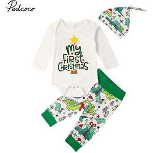 Baby Lente Herfst Kleding Baby Jongen Meisje Kerst Kleding Outfit Brief Print Bodysuit Broek Broek Hoed 3Pcs Sets 0-18M