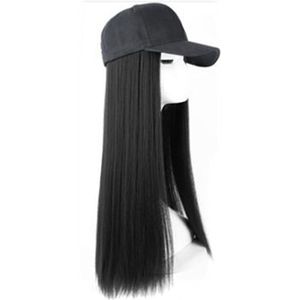 Lange Rechte Zwarte Hoed Baseball Cap met Haarverlenging Bruin Pruik Haarstukjes Synthetisch Haar Stukken