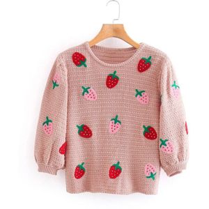 Tangada Vrouwen Fruit Borduurwerk Patroon Dunne Trui Vintage Dames Crop Gebreide Jumper Tops CE508