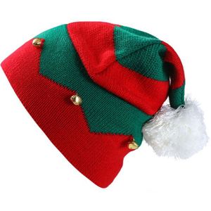 Peuter Kids Kerst Gebreide Elf Hoed met Kleine Bells Contrast Kleur Golvende Strepen Haak Pompom Santa Cap Feestartikelen