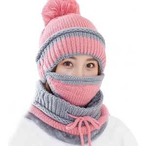 3Pcs Winter Women Thicken Warm Knitted Pompom Beanie Hat Cap Scarf Face Mask Set warm winter for Women girls