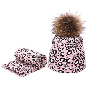 2 Stuks Winter Vrouwen Pompon Beanie Muts Sjaal Set Luipaard Warm Faux Fur Pom Pom