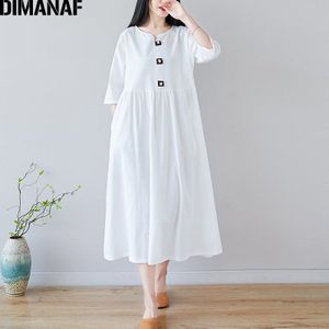 Dimanaf Plus Size Vrouwen Jurk Vintage Vestidos Zomer Zonnejurk Lady Lange Jurk Solid Katoen Linnen A-lijn Met Riem 2XL