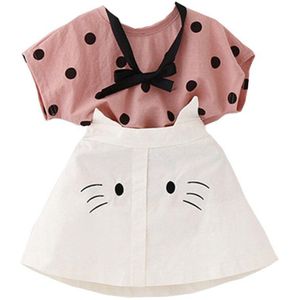 Toddler Kid Baby Girl Dot Print T-shirt+Cat Embroidery Skirt Set Outfits Clothes Short Sleeve O-Neck Baby Outfits