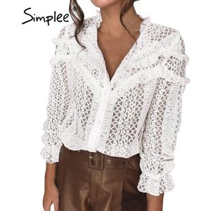 Simplee Solid Casual V-hals Stiksels Shirt Vrouwen Witte Lange Mouwen Kant Blouse Elegante Mode Lente Herfst Vrouwelijke Tops