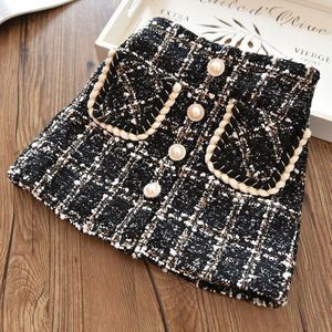 Meisjes Plaid Rok Lente 2022 Kinderen Wollen Korte Rokken Zwart Elastische Taille Kids Prinses Rok Mode Peuter Kleding 6 8 Y