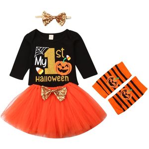 Baby Meisje Kleding Set Peuter Infant Mijn 1st Halloween Lange Mouw Zwart Bodysuit Tutu Rok Oranje Hoofdband Outfits Kleding