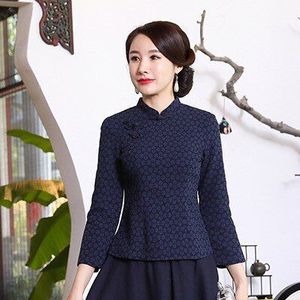 Chinese Stijl Lange Mouwen Katoen Blouse Marineblauw Chinese Shirts Retro Qiapo Tops Vrouwelijke Elegante Klassieke Chinese Kleding