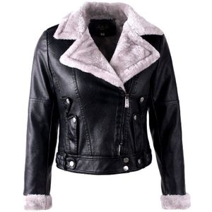 Vrouwen Warme Leren Jas Pluche Faux Scheren Moto Tops Dik Gevoerd Parka Dames Korte Winter Jas Slanke Pu Locomotief Zwart