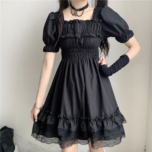 Dark Gothic Lolita Black Dress Bubble Korte Mouw Kant Ruche Jurk Victoriaanse Vintage Japanse Stijl Meisjes Halloween Cos BL4263