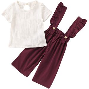 1-6Y Peuter Kid Baby Meisje Zomer Casual Korte Mouw Tops T-shirt Ruche Algehele Bib Lange Broek Meisje Kleding Outfit 2 stuks Set